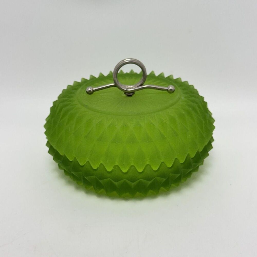 Vintage Satin Lime Green Frosted Indiana Glass Candy Dish Lidded Trinket Box